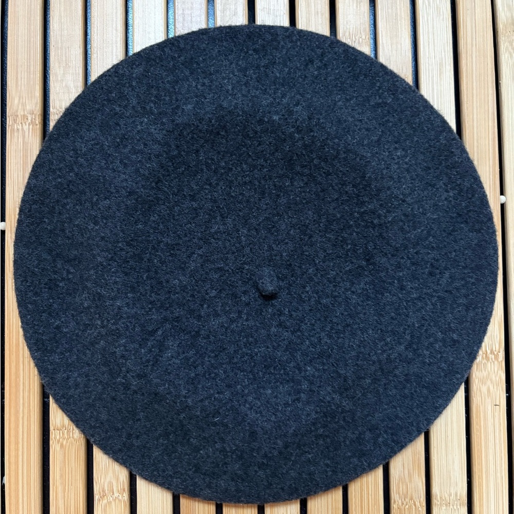 Classic Dark Grey Wool Beret with Black Velvet Trim and Bow